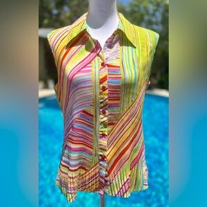 Women's Essentials by Milano L Multicolor Striped Summer Pleated Pullover Blouse